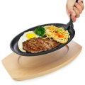 Gusseisen BBQ Grill Pan Steak Fajita Sizzling Platter Plate Holzhalter